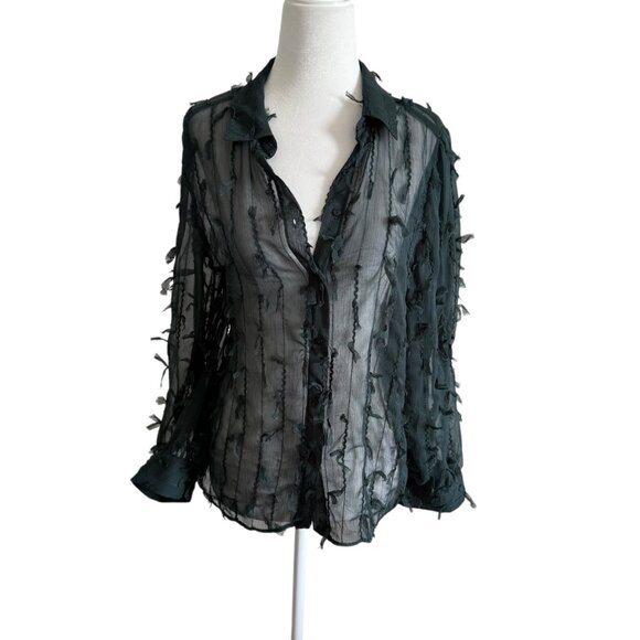 ARA Green Olive FRINGED SHIRT Semi-sheer Collared Long Sleeve Size Small - Picture 1 of 10